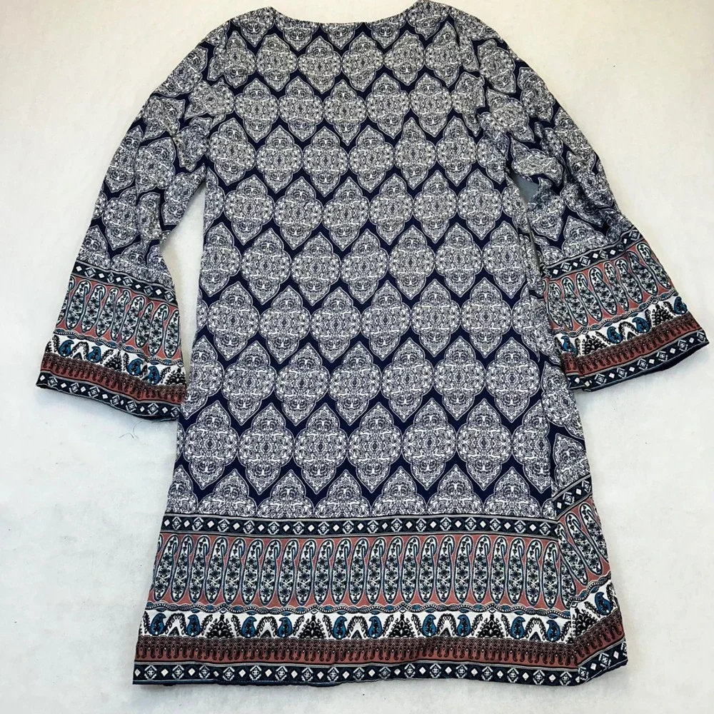 Aliya Tunic Dress Women Small Navy Blue Boho Paisley Bell Sleeve‎ Tulip Hem USA